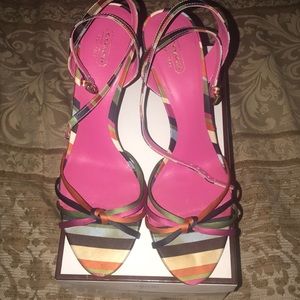 COACH multicolored strappy heel sandals.